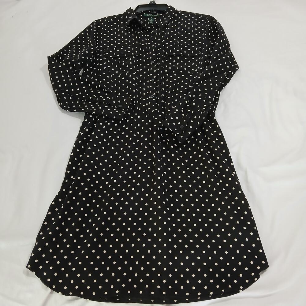 Lauren Ralph Lauren 8 long-sleeve blouson black small white polka dots easy care